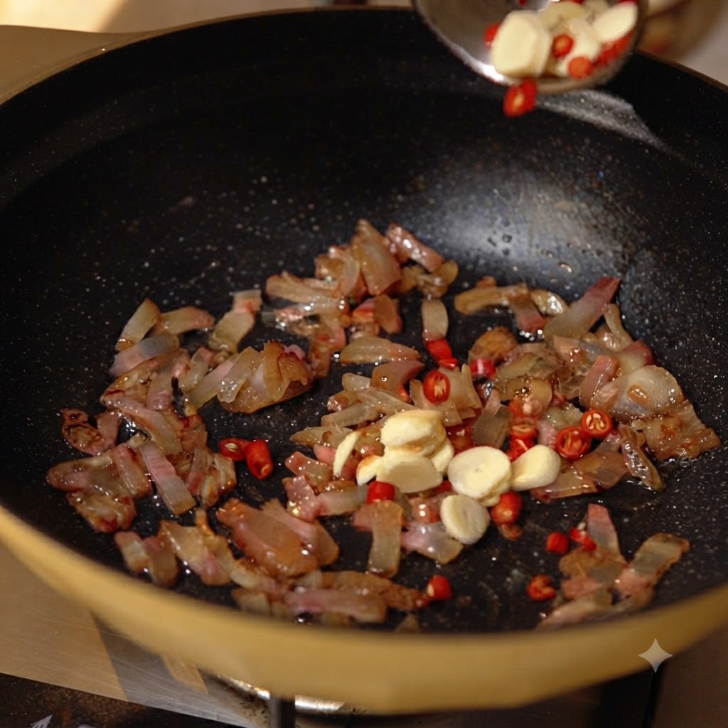 豚肉の脂が溶け出すフライパンに、スライスしたニンニクと赤唐辛子のピースが投入されているところ
