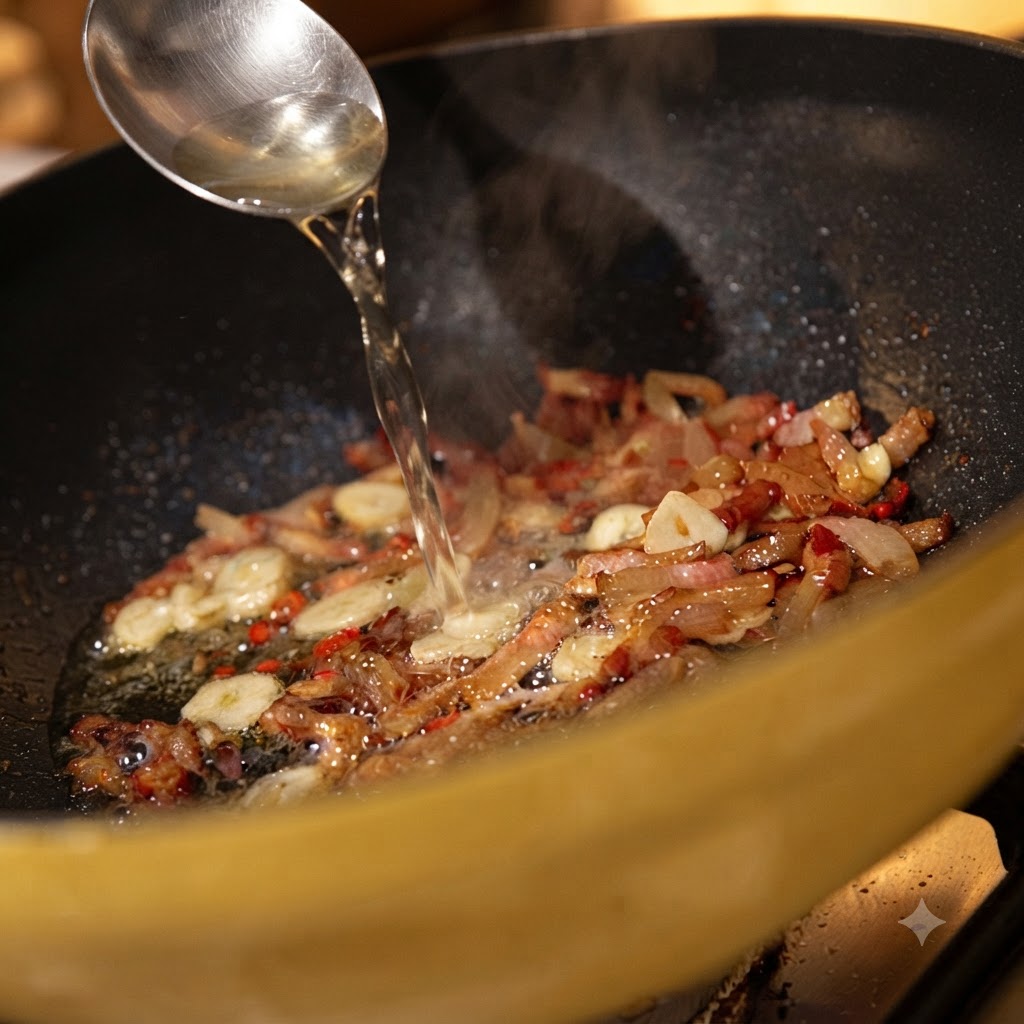 銀のスプーンから、ジュージューと音を立てる肉とニンニクの入ったフライパンへ白ワインが注がれている様子