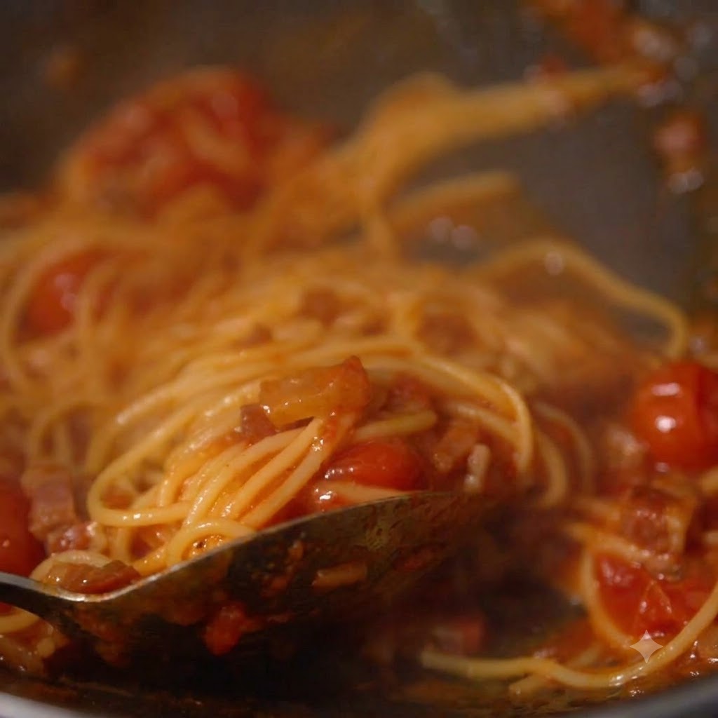 フライパンの中で、茹で上がったスパゲッティの麺が赤いトマトと肉のソースに混ざり合っているところ
