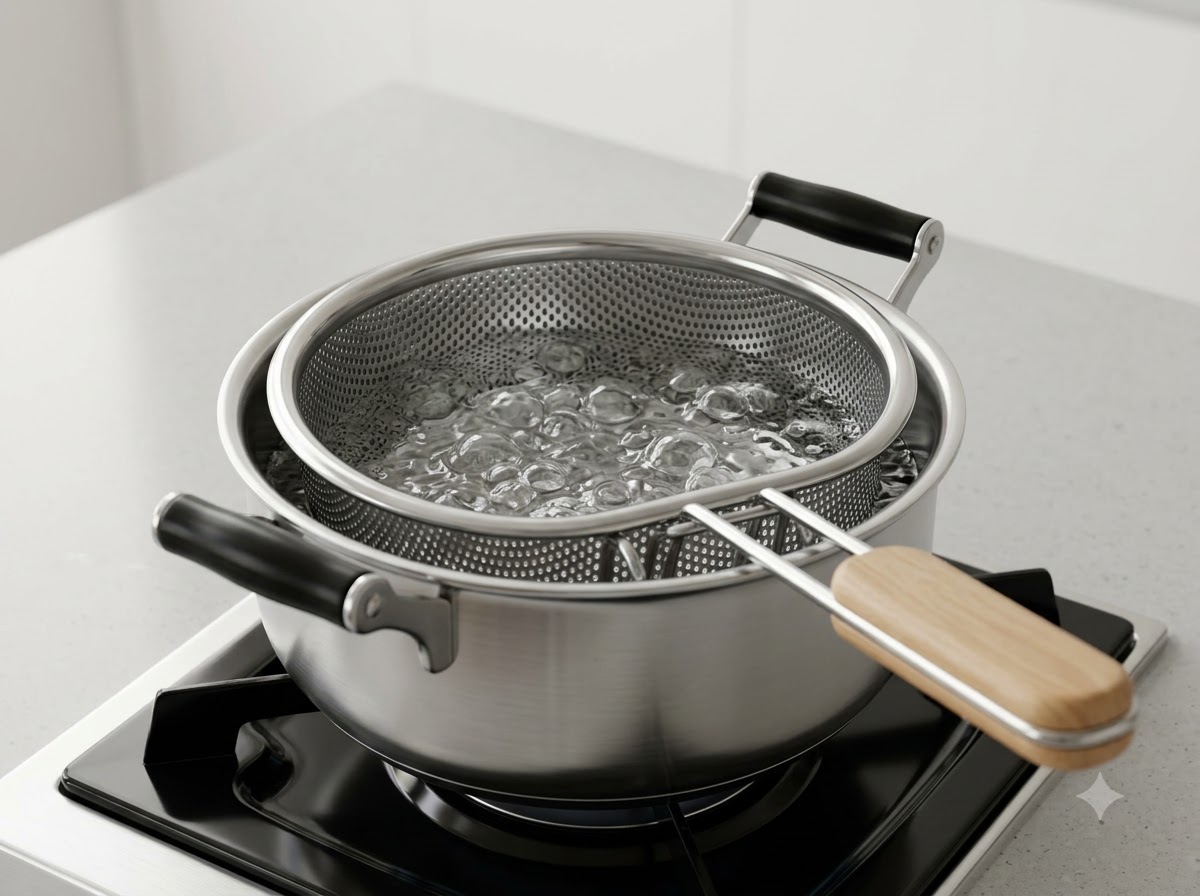 ストーブの上の沸騰したお湯に入ったストレーナーバスケットで茹でられるほうれん草の葉。