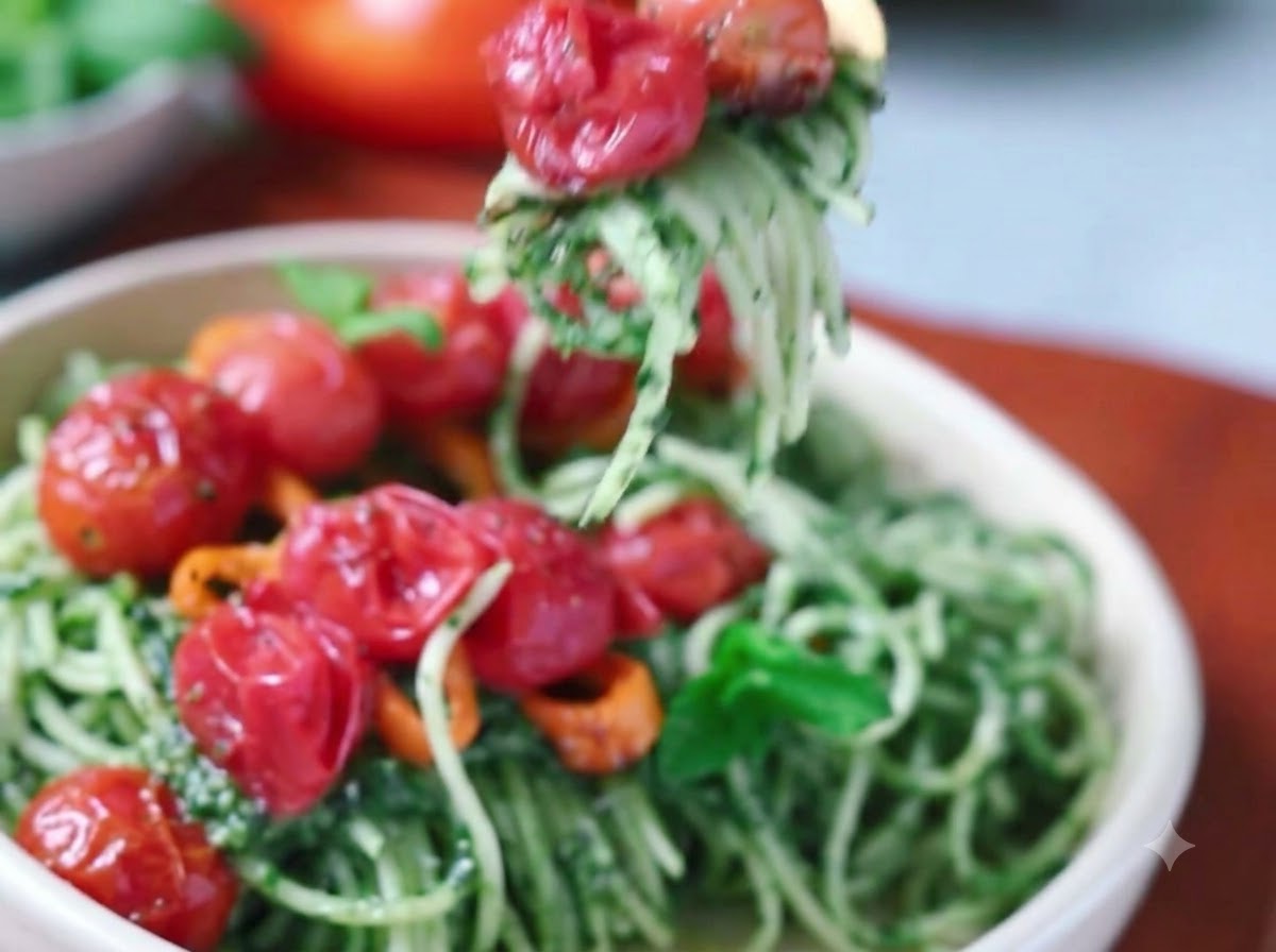 金属製のトングを使って、スパゲッティの麺をほうれん草ペストソースとしっかりと混ぜ合わせている様子。