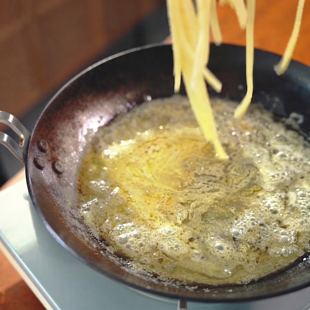 金属製のトングを使って、茹でたスパゲッティの麺を持ち上げ、ソースの入したフライパンに移している様子。