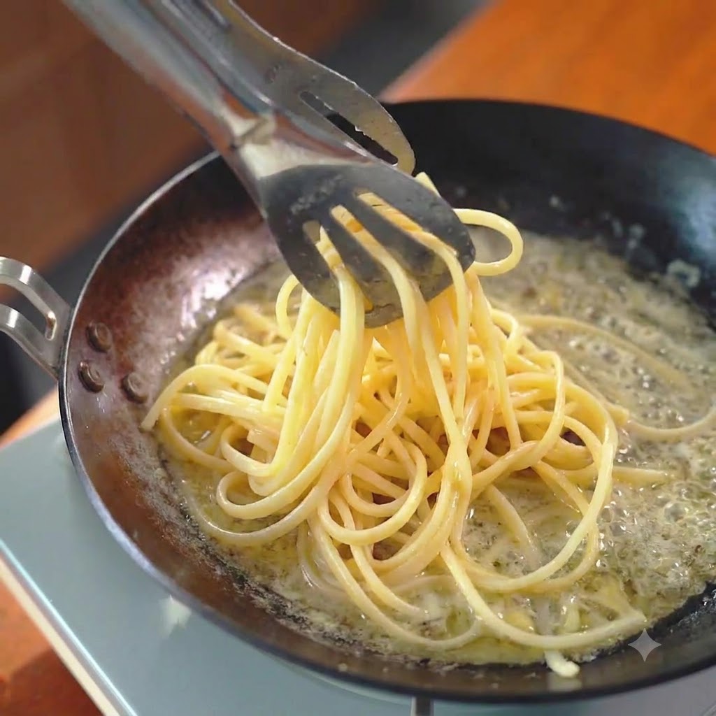 金属製のトングを使い、フライパンの中でスパゲッティの麺と緑色のバジルの欠片を和えている様子。