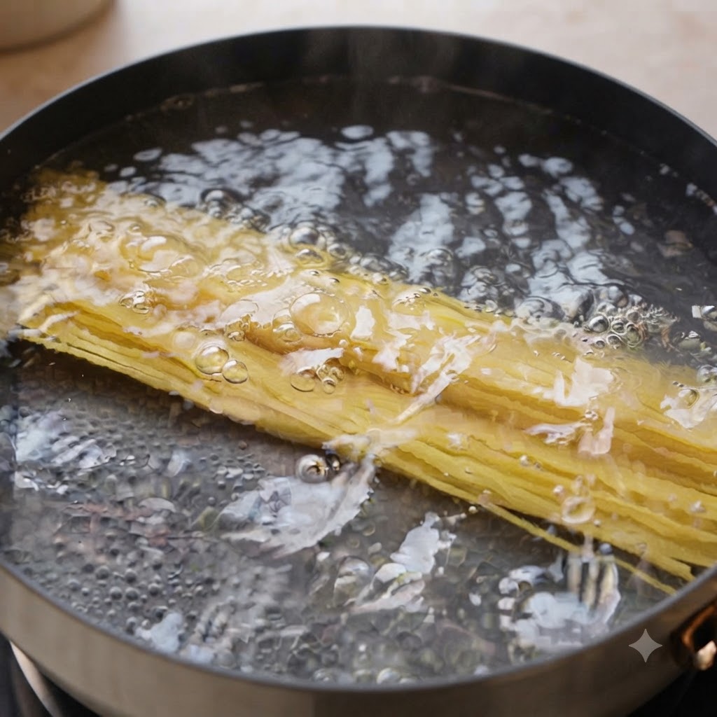 熱湯で茹でられているスパゲッティの麺。
