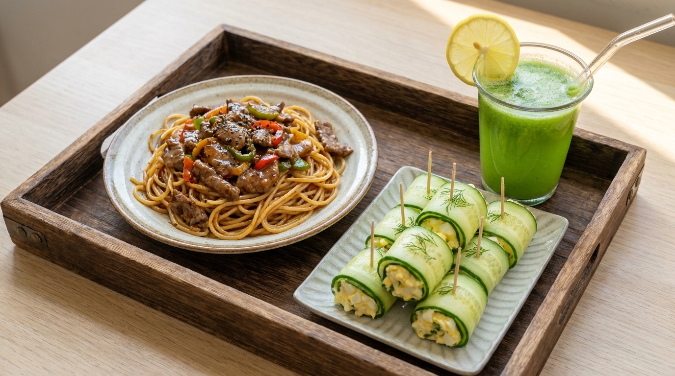 黒胡椒牛肉パスタときゅうりサラダロール＆きゅうりドリンク