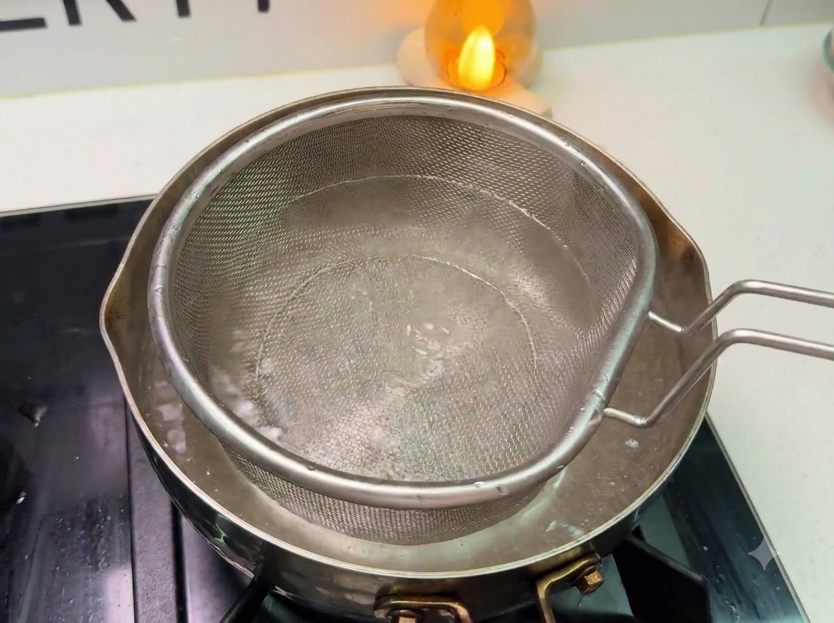 パスタ調理用の沸騰したお湯の中にストレーナーが置かれている様子。