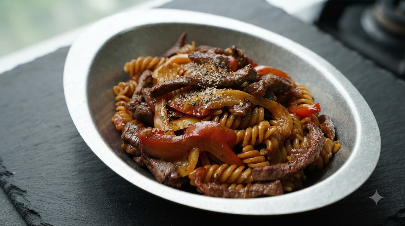 黒こしょう香る牛肉とフジッリの炒めパスタ