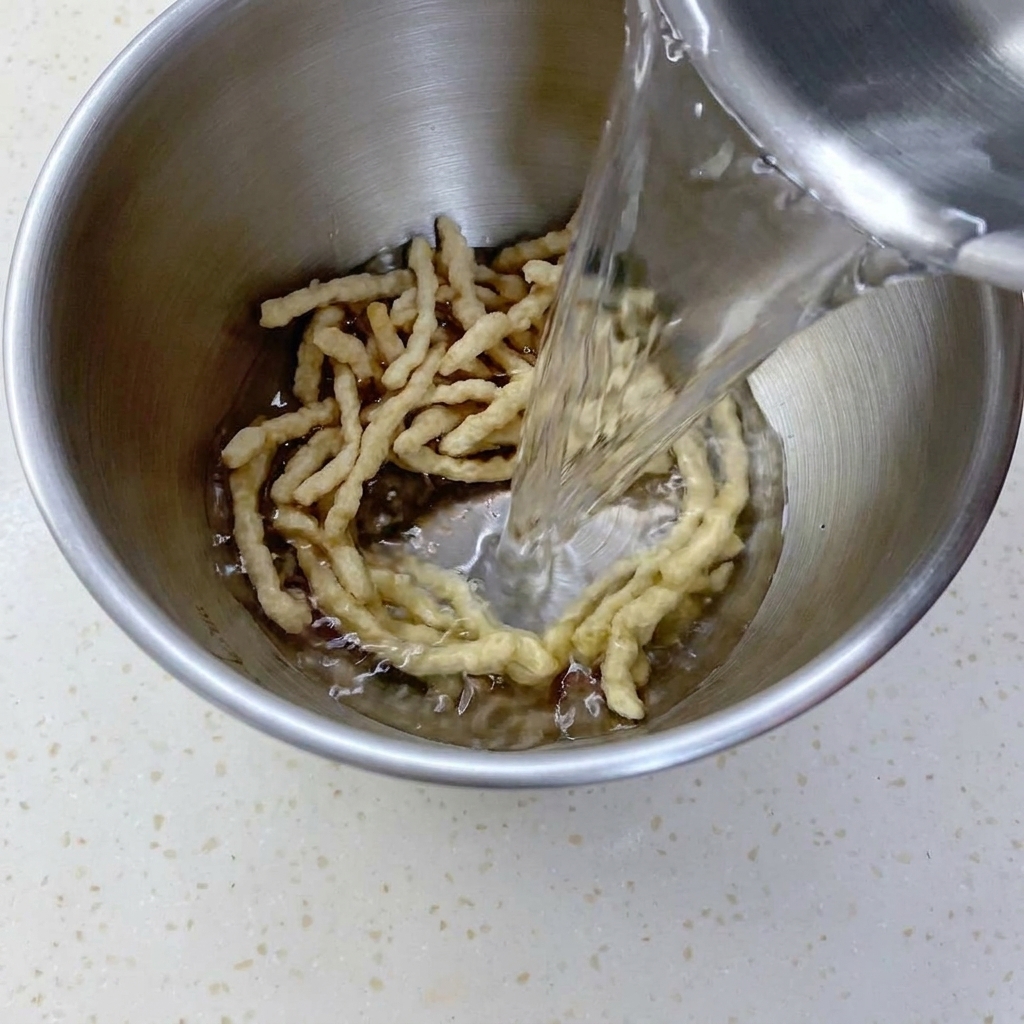 金属製のピッチャーからステンレスボウルに入った乾燥大豆ミートに水が注がれている様子。