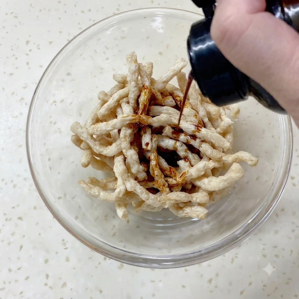 ガラスボウルに入った大豆ミートにボトルから醤油が注がれている様子。
