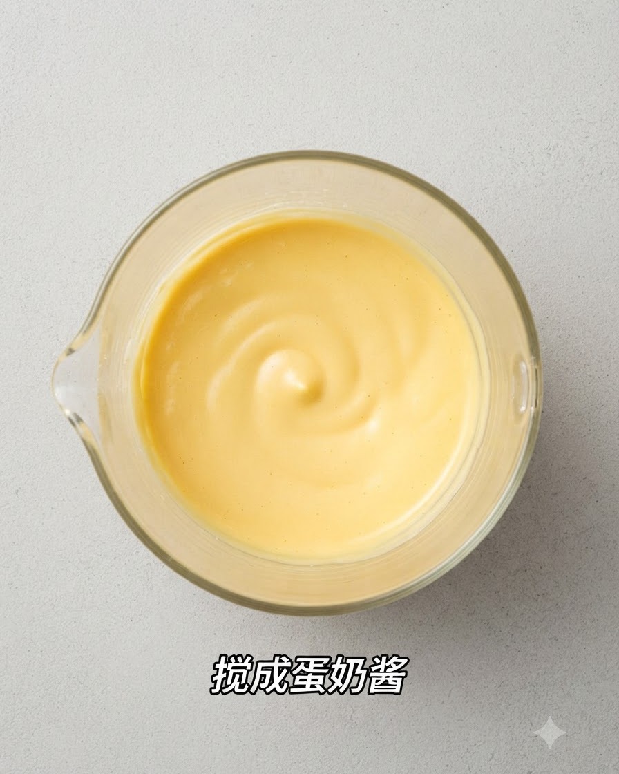 ガラス製の計量カップの中で混ぜ合わされた、なめらかで濃厚な黄色の卵とチーズのソースを上から見た様子。