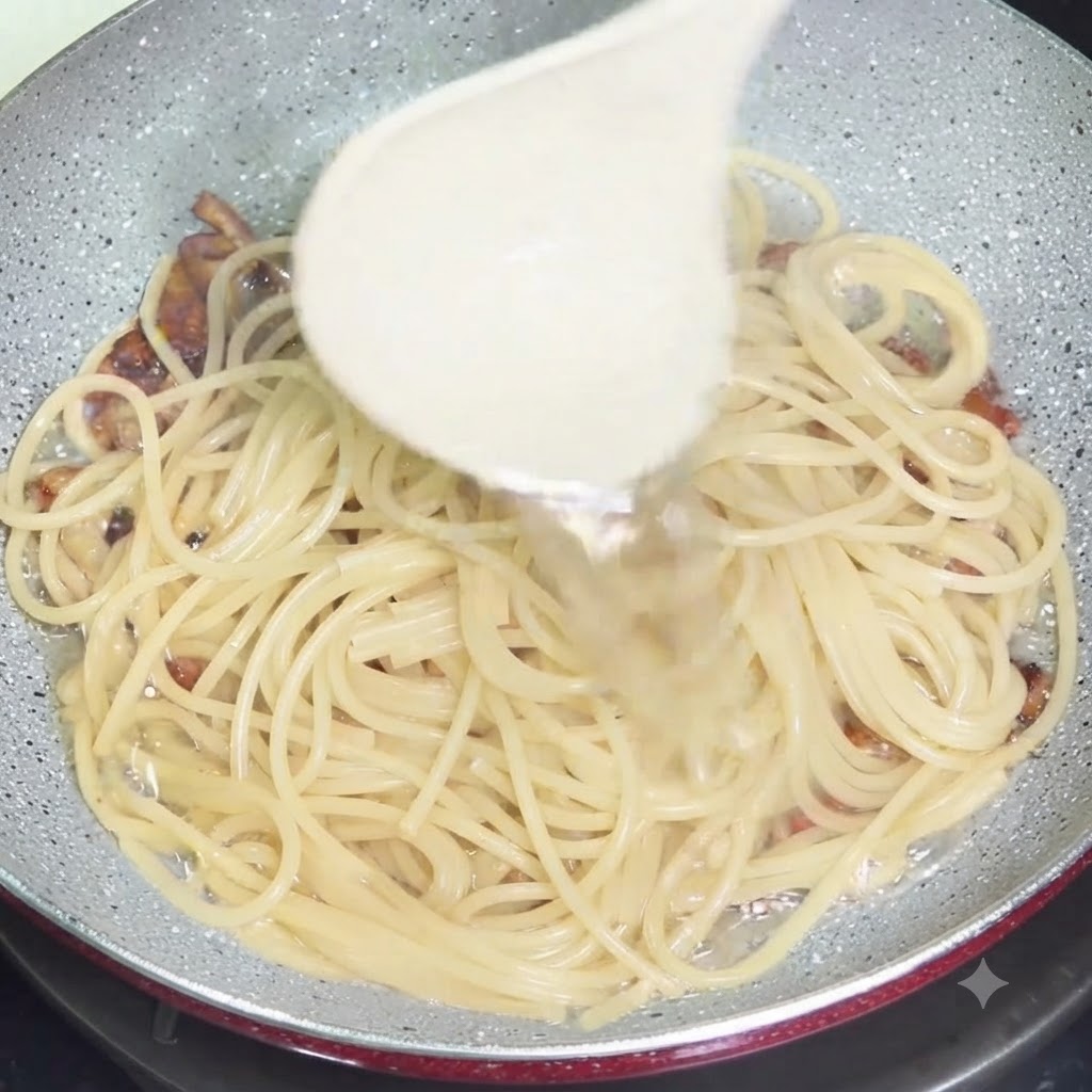ゆでたスパゲッティとカリカリのグアンチャーレが入ったフライパンに、白いお玉でデンプン質を多く含むパスタのゆで汁を注いでいる様子。