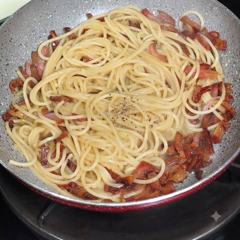 フライパンの中のスパゲッティの上にかけられた、粗挽きの黒こしょうと黄色の卵黄チーズソース。