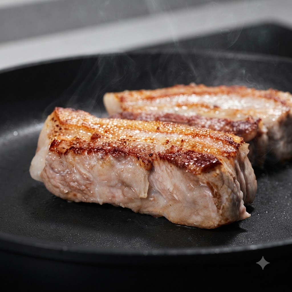 フライパンで厚切りの豚バラ肉が焼かれ、湯気を上げながら深い黄金色のカリッとした焼き目がついている様子。