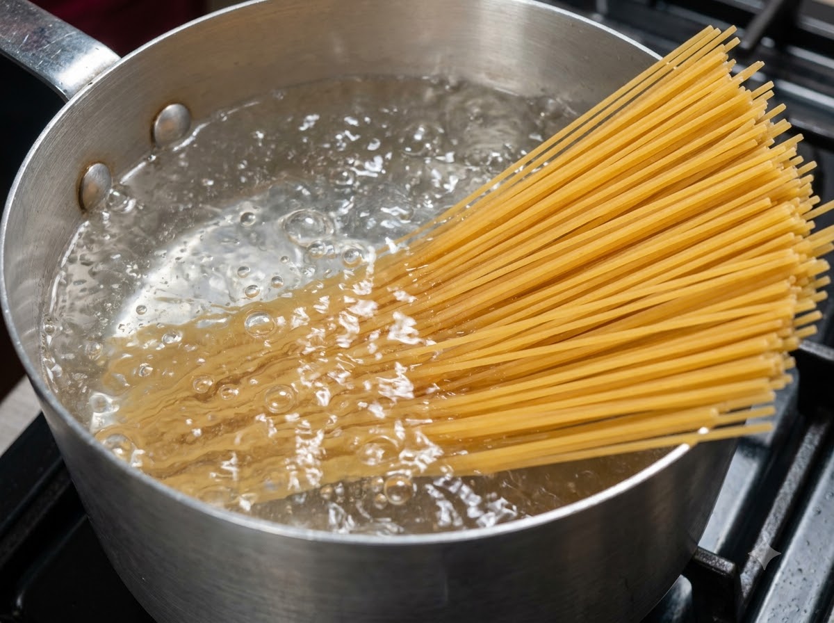 ぐつぐつと沸騰した鍋のお湯に、扇状に広げた乾燥スパゲッティを沈めている様子。