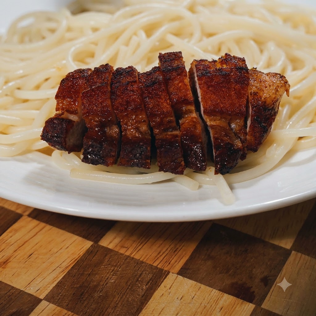 スパゲッティの上に、カリッと焼けた豚バラ肉の薄切りがきれいに並べられている様子。