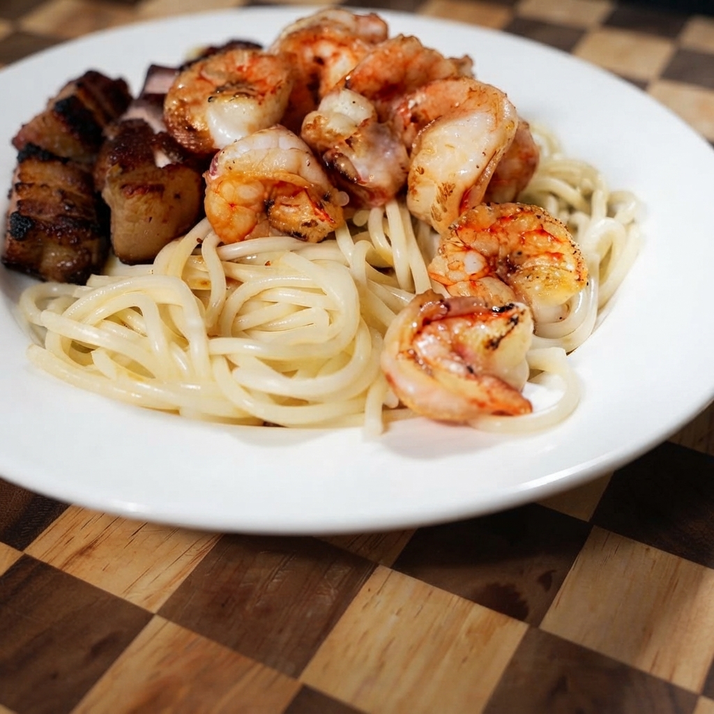 白いお皿に盛られたパスタと豚バラ肉の周りに、香ばしく焼かれたエビが並べられている様子。