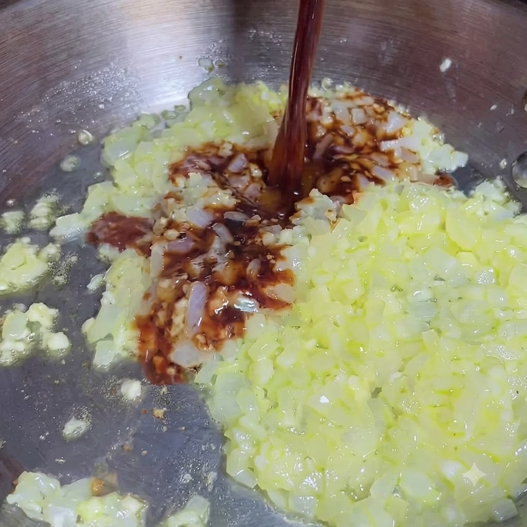 フライパンで炒めた玉ねぎとにんにくのみじん切りに濃い色の調味料を注ぐ様子