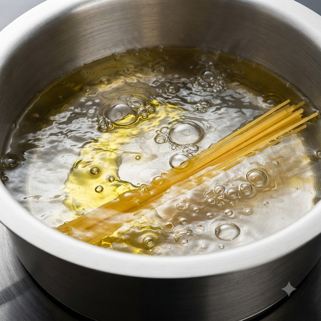 沸騰したお湯の入った鍋でスパゲッティを茹でている様子