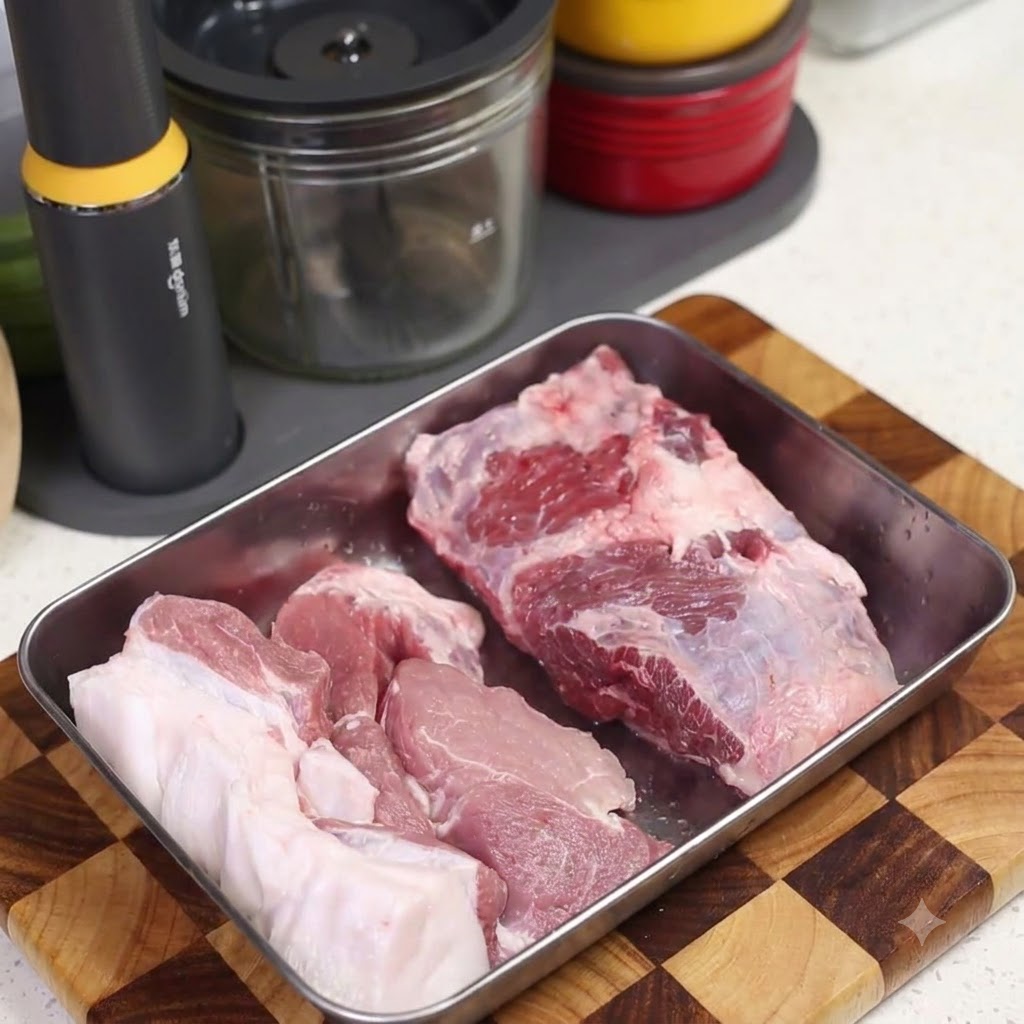 木製のカッティングボードに並べられた生豚肉の塊と調理器具。