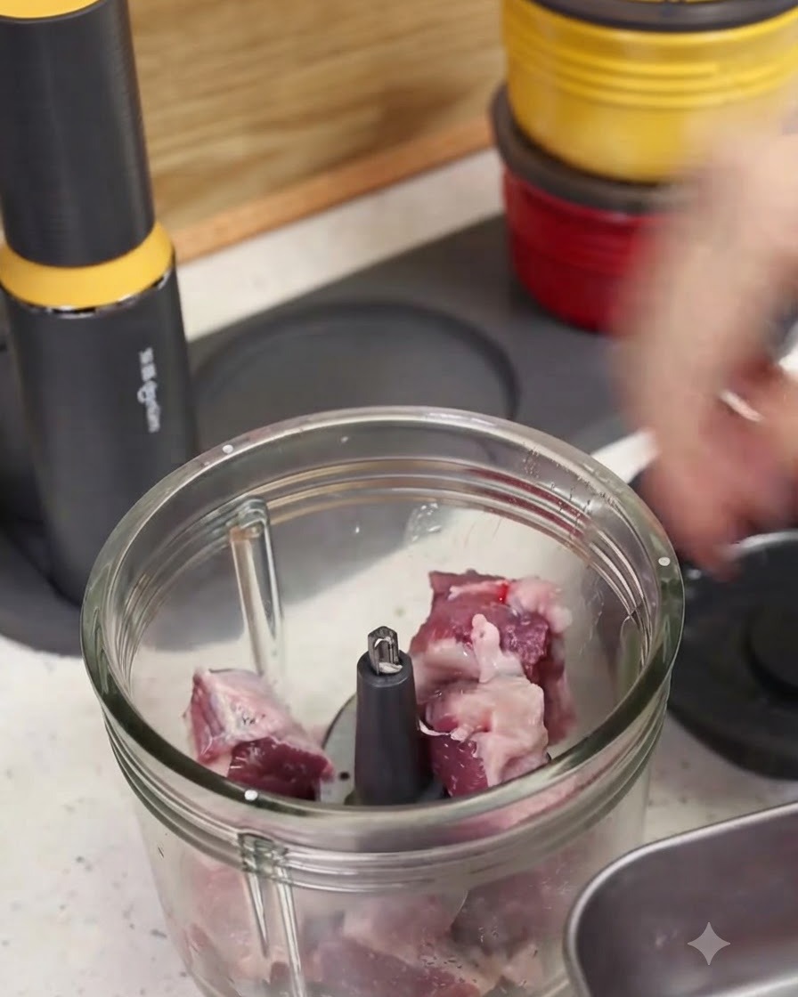 ガラス製のフードプロセッサーのボウルに入った生肉の塊。