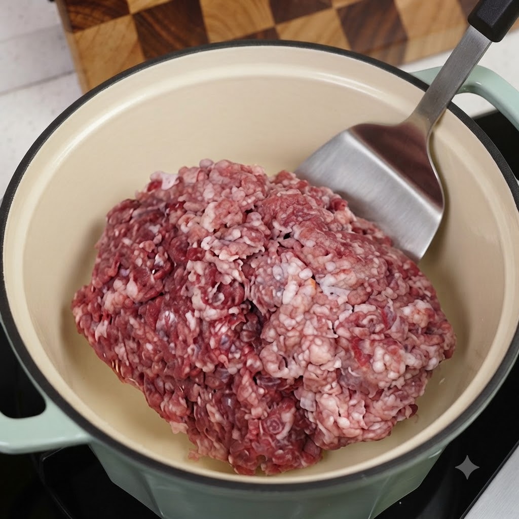 薄緑色のダッチオーブンで、金属製のヘラを使って炒められているミンチ肉。