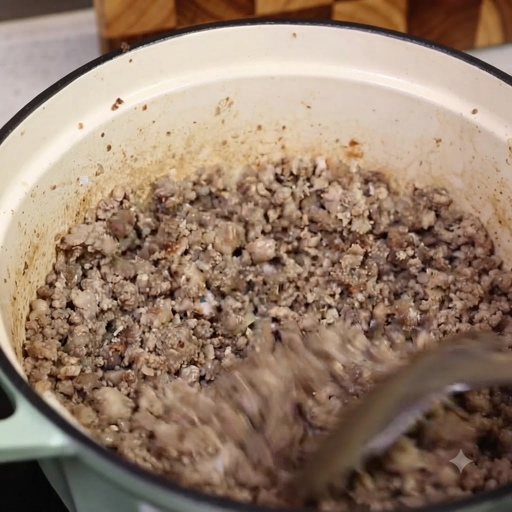ヘラを使って鍋から取り出される調理済みのミンチ肉。鍋には溶け出した油と焼き色が残っている。