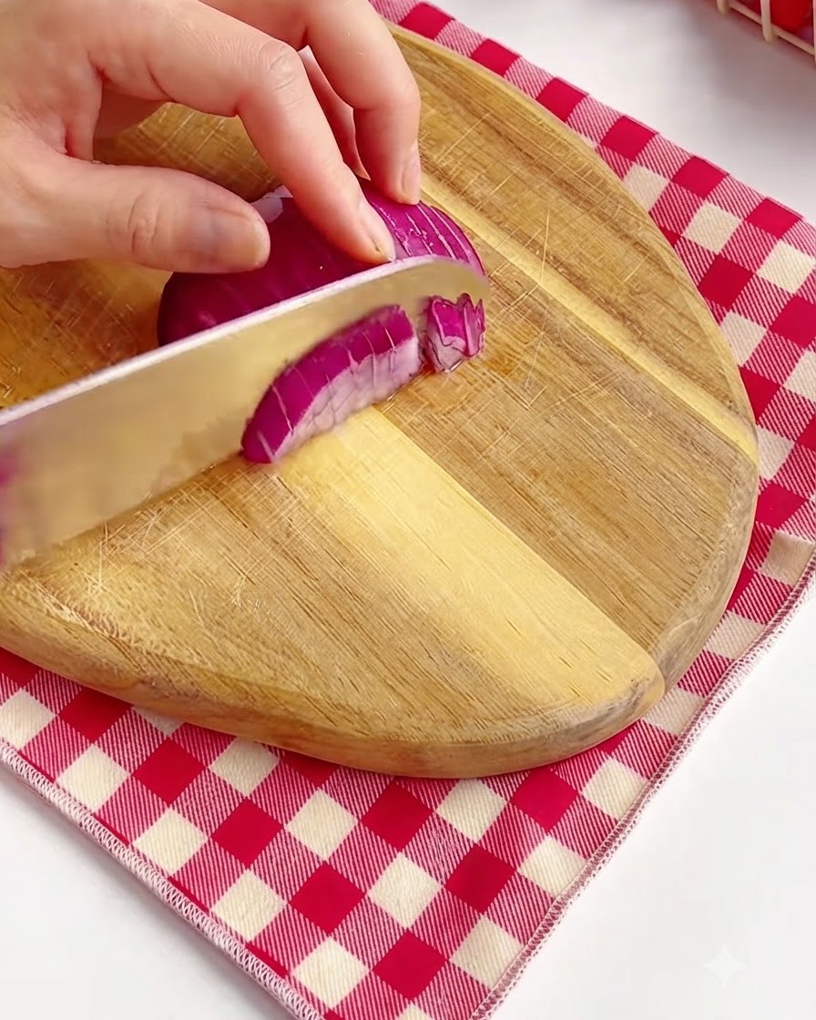 木製のまな板の上で、鋭い包丁を使って紫色の赤玉ねぎを刻んでいる手。