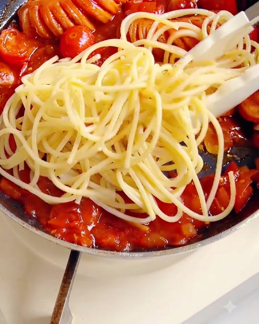 フライパンの中で、トングを使ってスパゲッティを濃厚なトマトソースにしっかりとからめているところ。