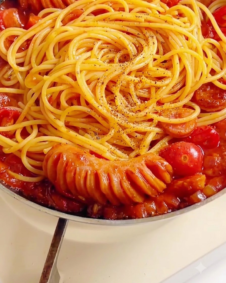 赤いトマトソースにからまったスパゲッティの上から、粗びき黒こしょうと乾燥ハーブを振りかけているところ。