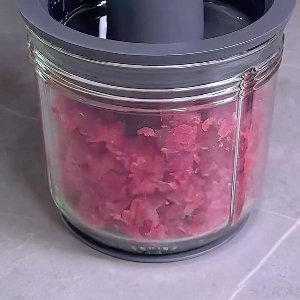 ガラス製のフードプロセッサーで、生の赤身肉の塊が粗挽きミンチにされている様子。