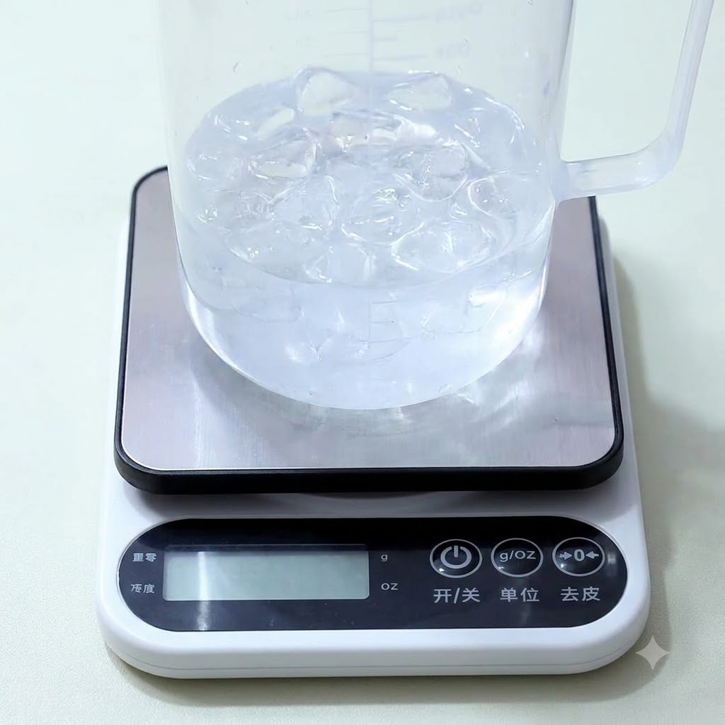 氷の入った水が入った透明なプラスチック製の計量ピッチャーが、白いデジタルキッチンスケールの上に置かれている様子。