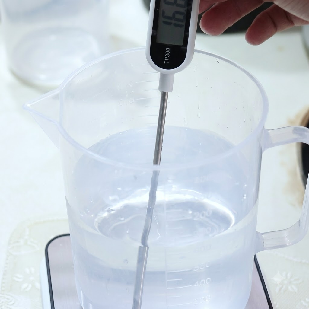 氷水の入ったピッチャーの中にデジタルプローブ温度計を持った手が差し入れられており、ディスプレイに摂氏16.6度と表示されている様子。