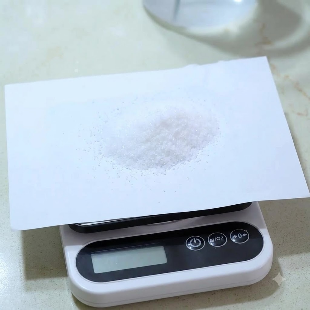 デジタルキッチンスケール上の紙に載せられた、少量の細かい白い塩の山。