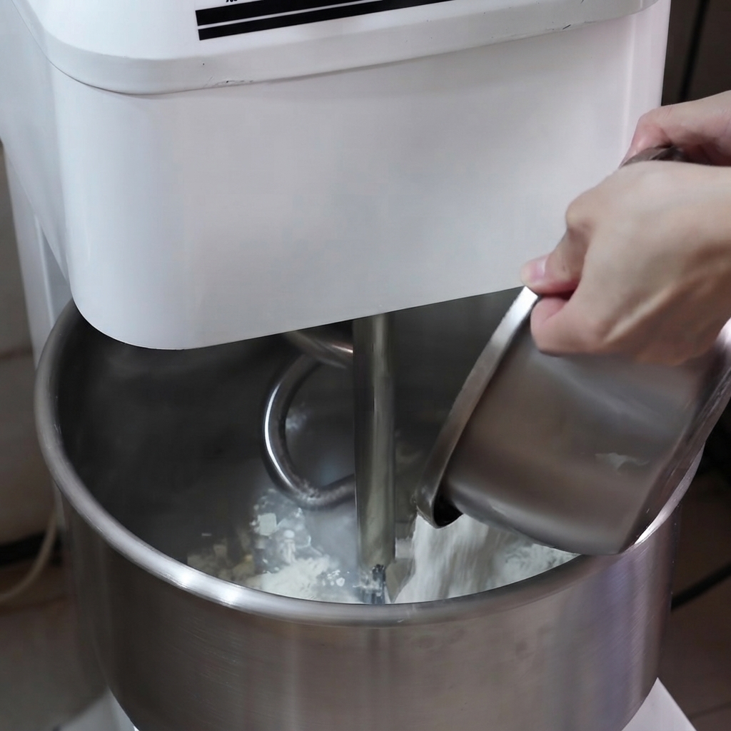 容器から計量された小麦粉がミキサーボウルに注ぎ込まれている様子。
