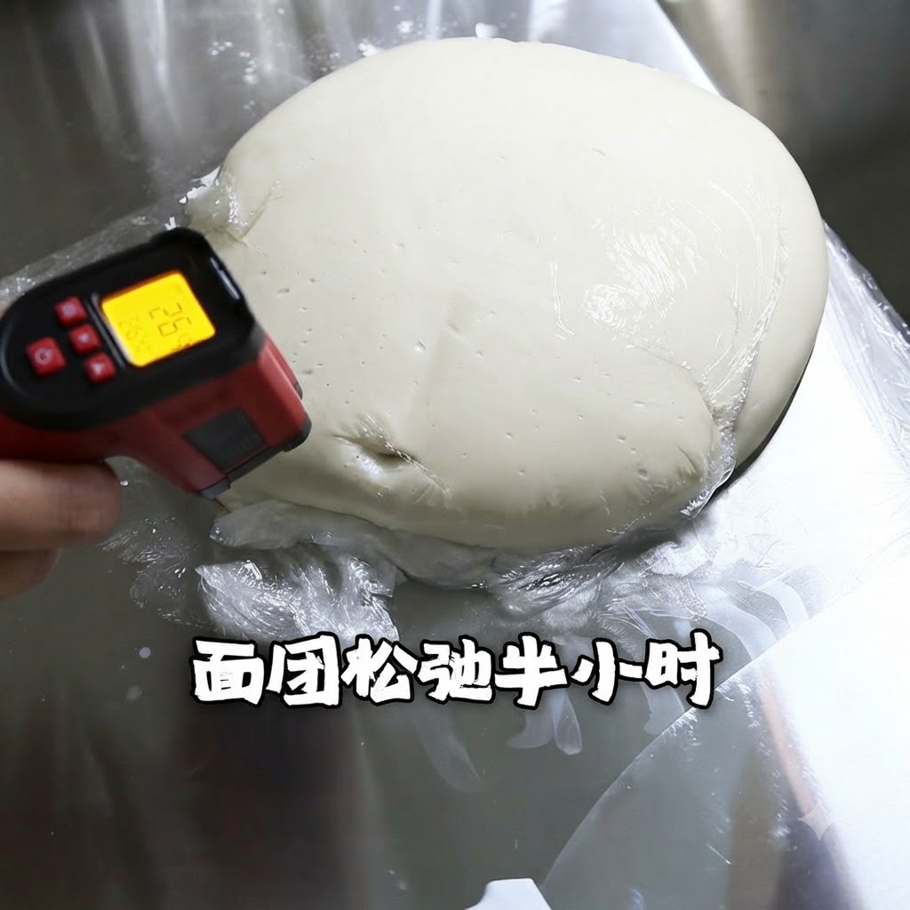中国語のテキストオーバーレイが表示された状態で、休ませているカバー付きのピザ生地の山に赤外線温度計が向けられている様子。