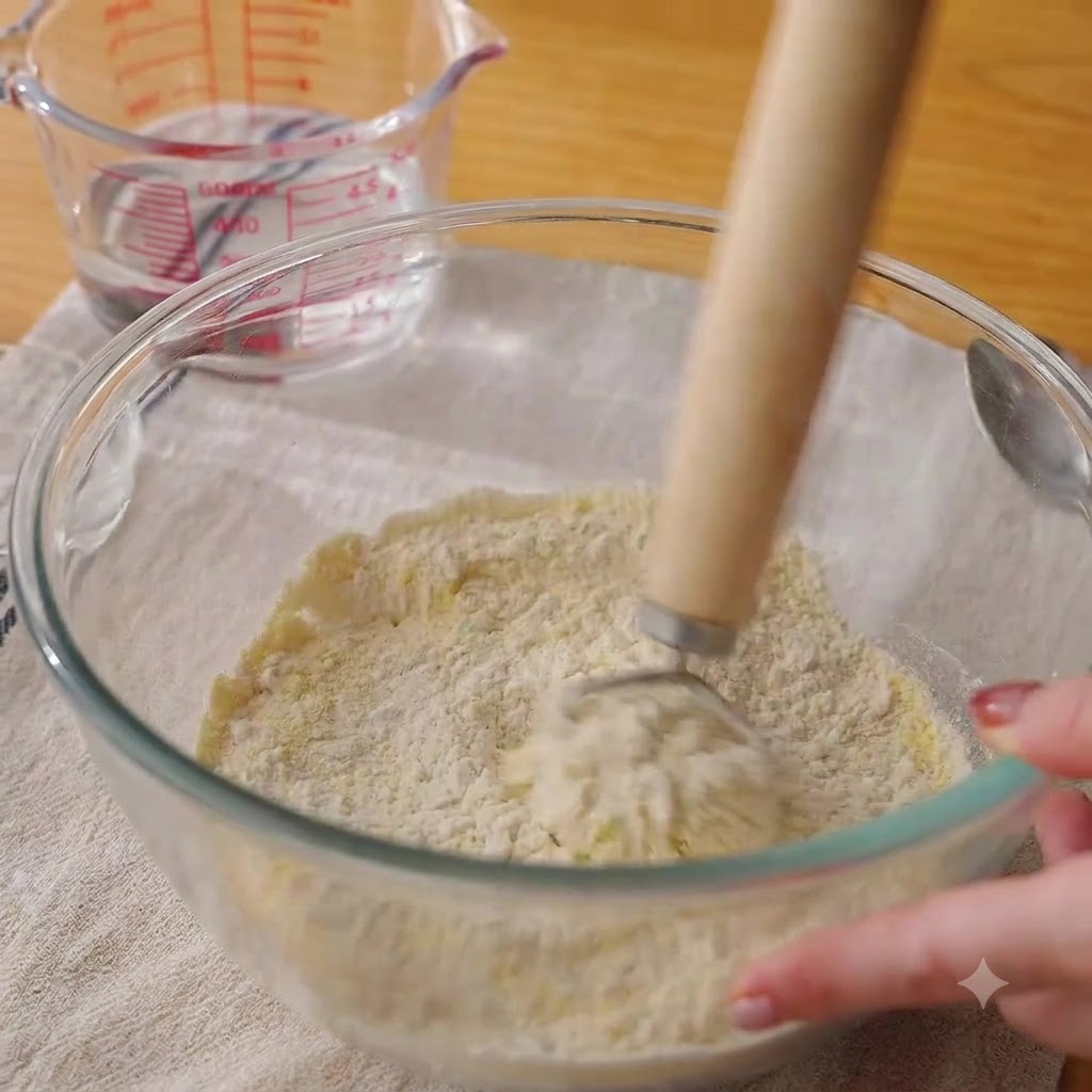 透明なガラスボウルの中で小麦粉などの粉類を泡立て器で混ぜる様子。