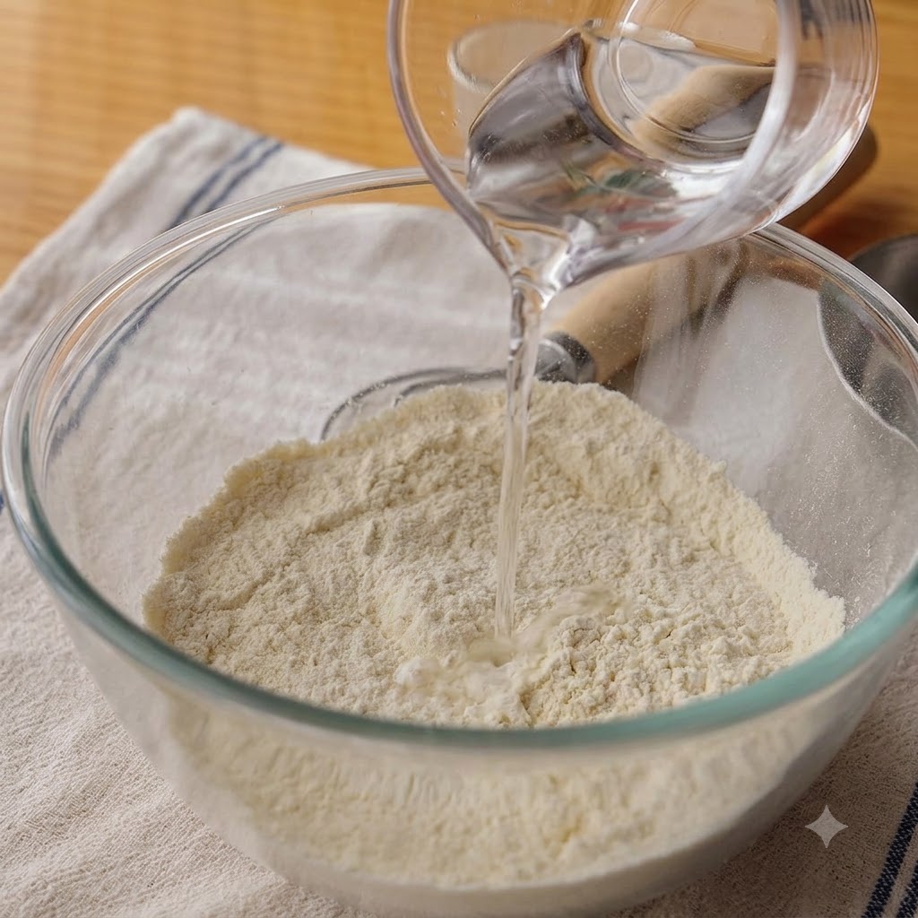 計量カップから小麦粉の入ったガラスボウルに水を注いでいる様子。