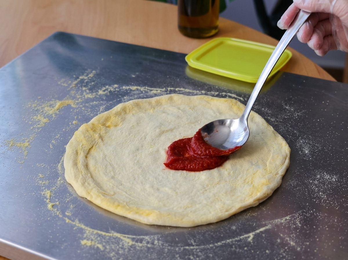 手袋をした手で金属製スプーンを使い、伸ばした生のピザ生地に真っ赤なトマトペーストを均等に塗る様子。