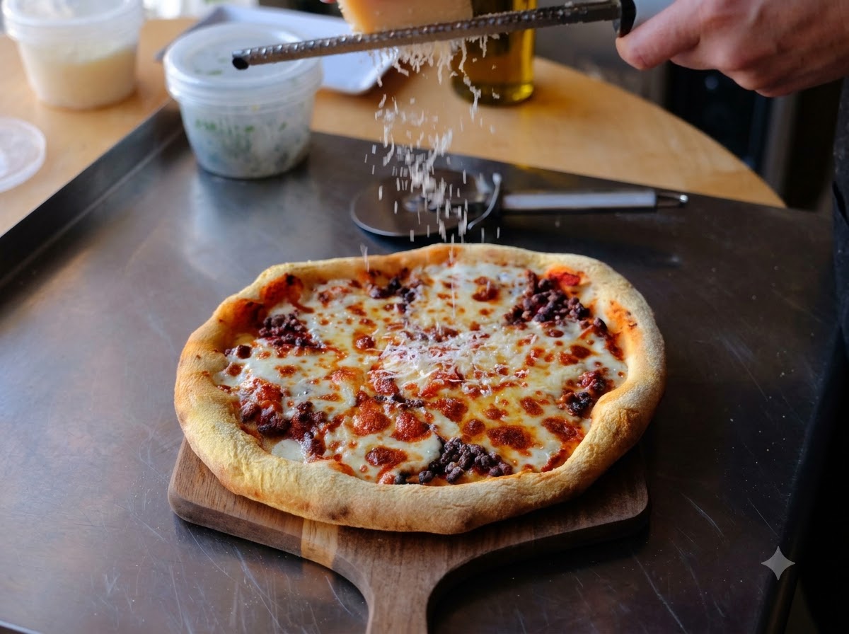 木製ピールにのせた焼き立てで熱々のピザの上に、ブロックからパルメザンチーズを削り落としている様子。