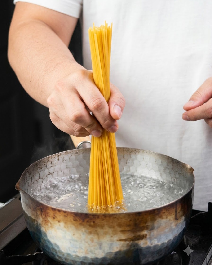 沸騰したお湯にスパゲッティを入れている様子