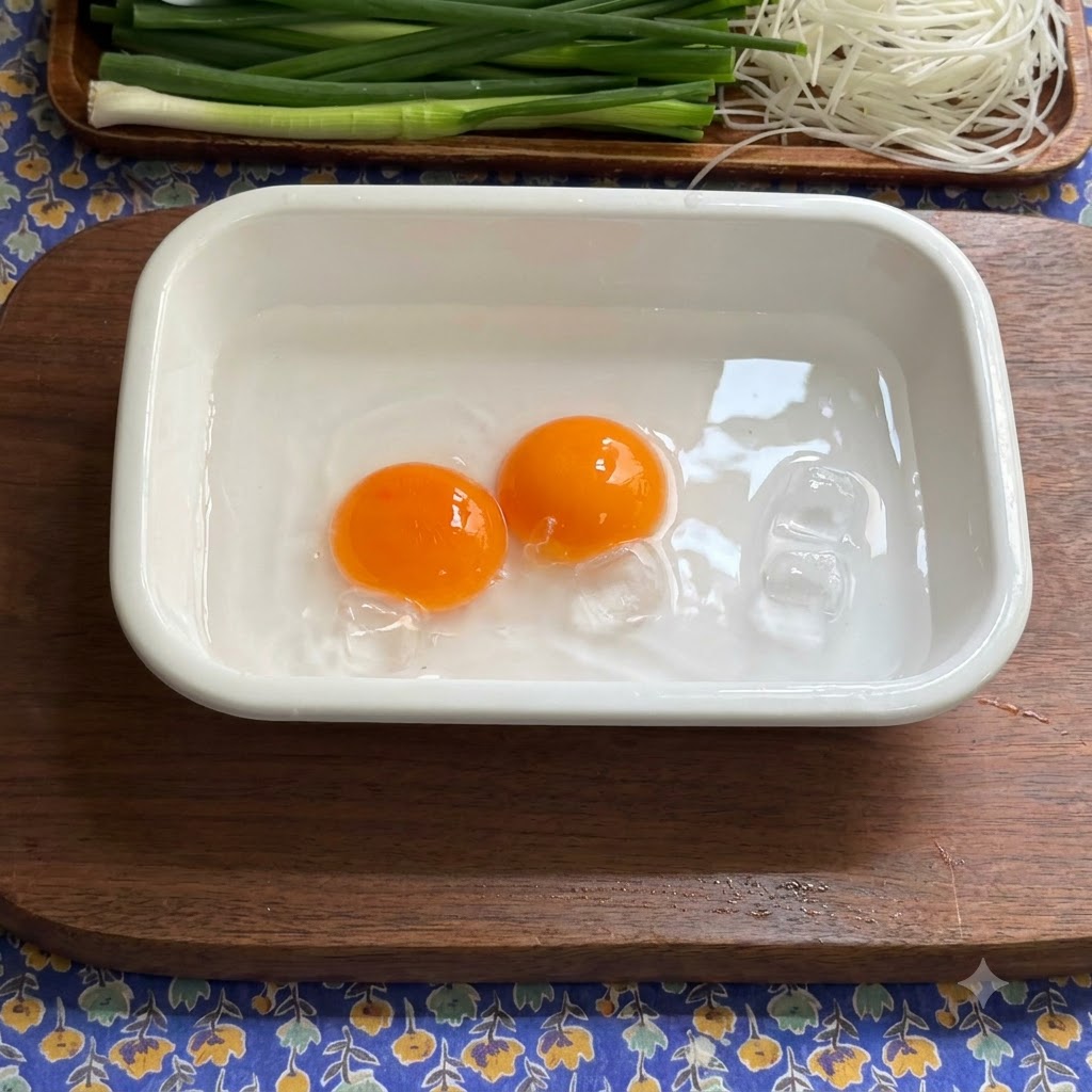 白い器に入った氷水の中に、2つの卵黄が浮かんでいる様子。