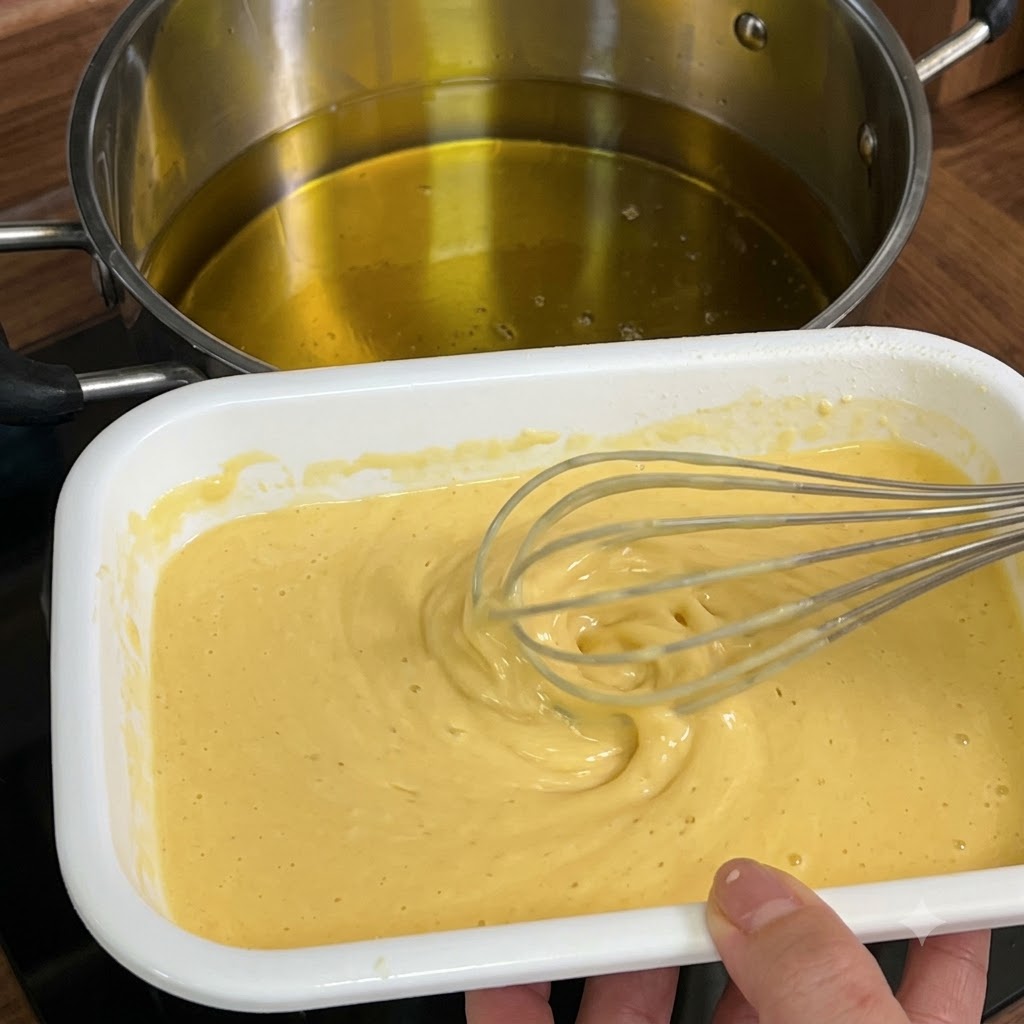 泡立て器から熱した油に衣を落とし、天かすを作っている様子。