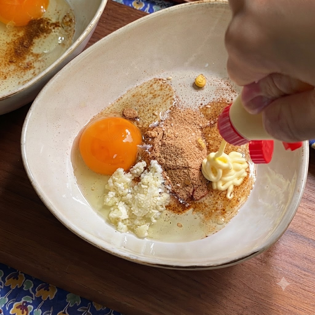 どんぶりの中で、卵、マヨネーズ、ニンニク、粉末スープをスプーンでかき混ぜている様子。