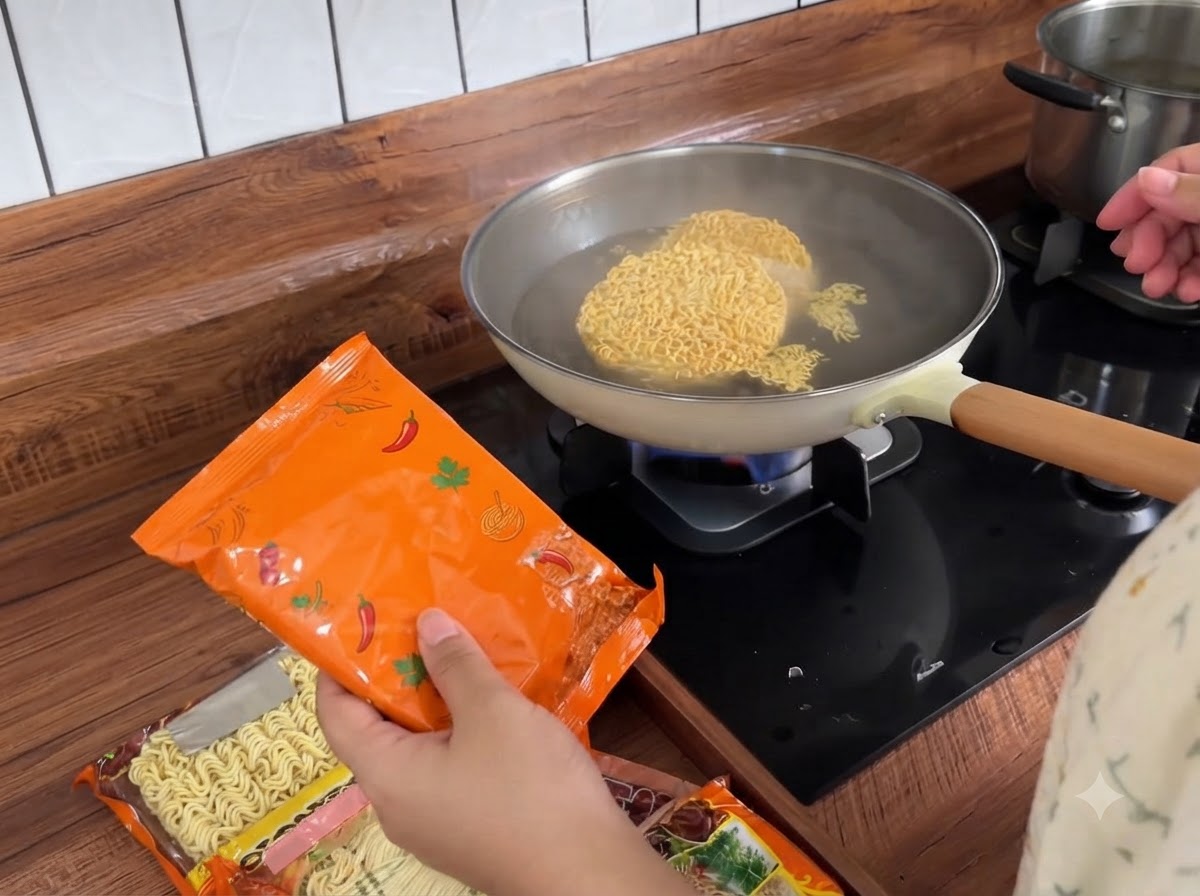 お玉を使って、麺を茹でている鍋から熱湯をどんぶりに注いでいる様子。