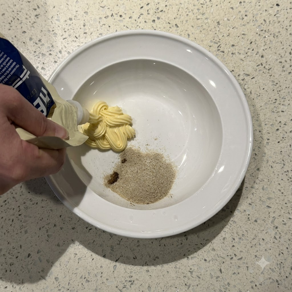 チューブを持った手が、粉末スープの入った白いボウルに黄色いマヨネーズを絞り出している様子。