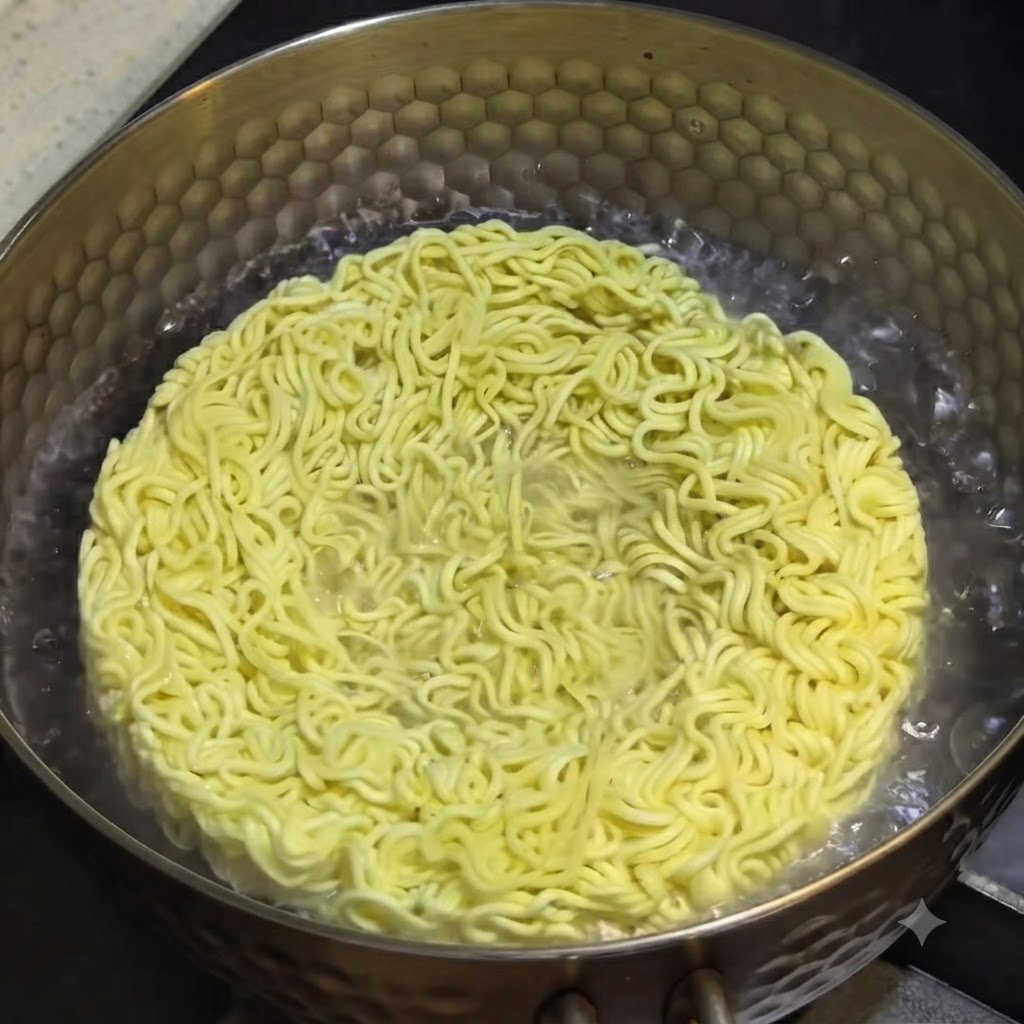 丸い乾麺が、沸騰したお湯の入った金属製の鍋の中で茹でられている様子。