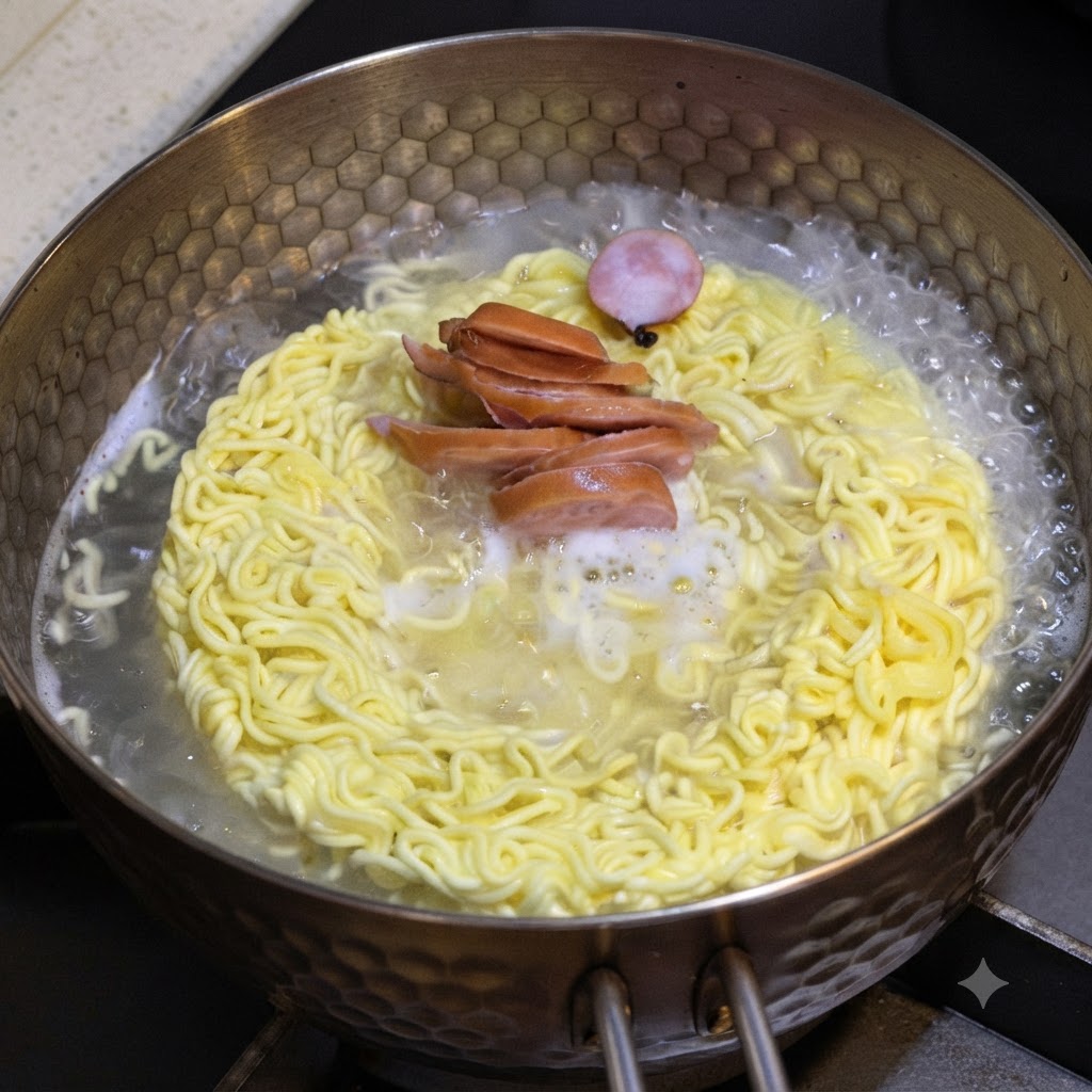 スライスしたソーセージとかまぼこが、麺と一緒に沸騰した鍋の中で煮込まれている様子。