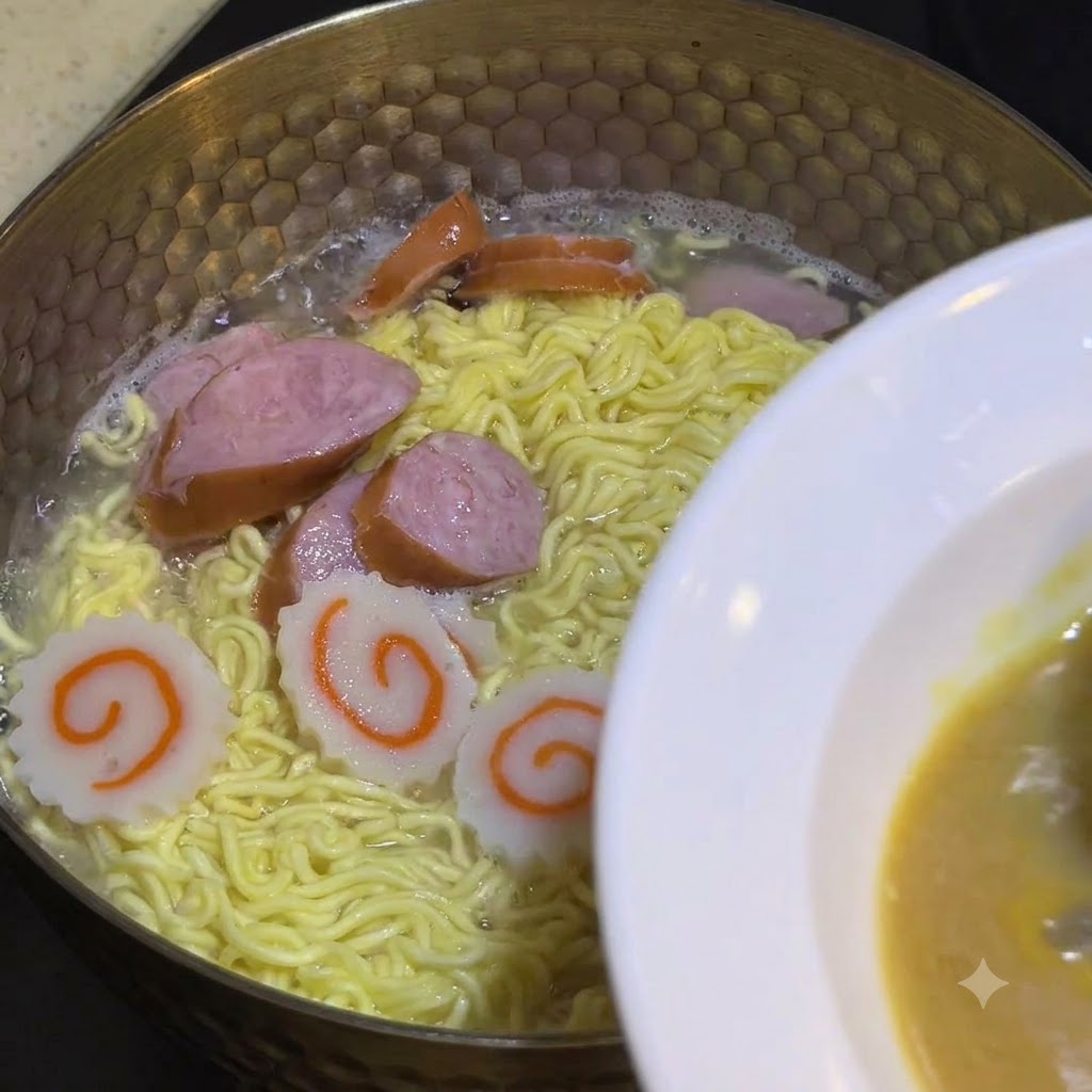 お玉で鍋から熱いスープをすくい、ソースの入った白いボウルに注ぎ入れている様子。