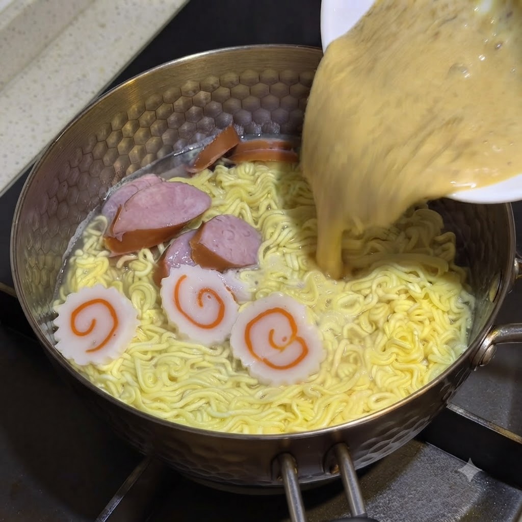 白いボウルで綺麗に溶いたソースを、グツグツと煮える麺の入った鍋に流し込んでいる様子。