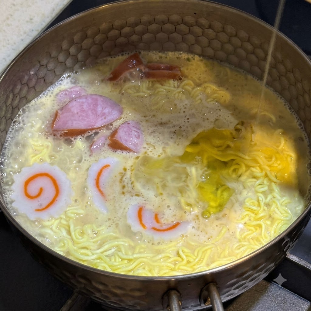 残しておいた卵白を、具材が入った沸騰中の麺の鍋に細い糸状にして流し込んでいる様子。